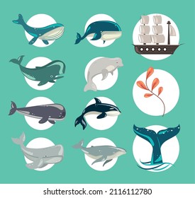 whales sea, boat and seaweed icons