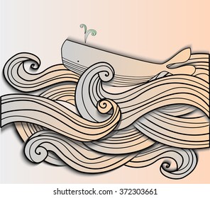 whales in the sea. Illustration of the sea and the waves. Abstract sea. whale, fish.