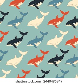 Whales, Sea life. Nautical background for fabric design, packaging, travel, phone case, wrapping paper.