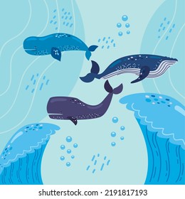 whales and sea waves scene
