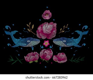 Whales, sea waves. Traditional folk stylish stylish floral embroidery on the black background. Sketch for printing on clothing, fabric, accessories, bag and design. Trend vector