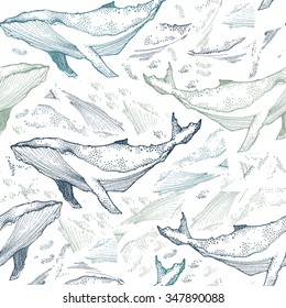 Whales seamless pattern. Animal background. Vector illustration