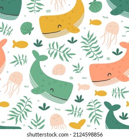 Whales seamless pattern with branches, fishes and shells. Doodle hand drawn Scandinavian style vector illustration.