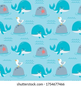 Whales seamless pattern. Cute marine animals happy orca, blue whale and seagull on stone for childish fabric print, wrapping or textile, wallpaper vector texture. Nautical background.