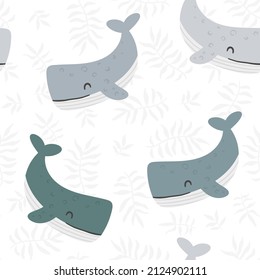 Whales seamless pattern with floral elements. Doodle hand drawn Scandinavian style vector illustration.