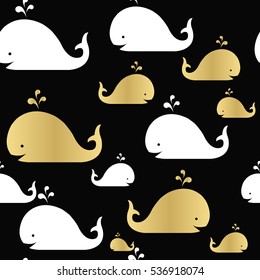 Patrón transparente de las ballenas. Oro y negro. Patrón infantil. Patrón vectorial transparente. Fondo vectorial con ballenas.Patrón marino.
