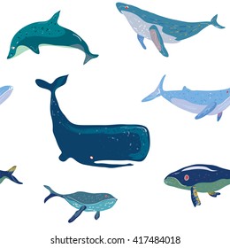 Whales seamless pattern, graphic handdrawn illustration, vector