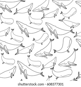 Whales seamless pattern. Hand drawn vector background. Wrapping paper. 