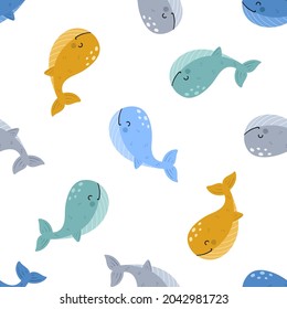 Whales seamless pattern isolated on white background scandinavian style vector illustration