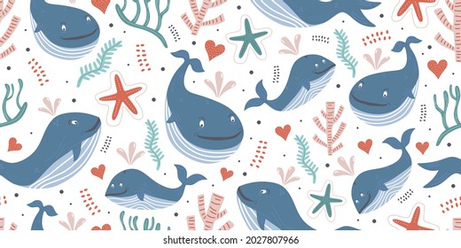Whales seamless pattern with ocean theme for baby print. Cute baby animals. Pattern for kids with whales. Kids design.