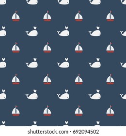 Whales Seamless pattern on blue background vector illustration with Sailing boat. 