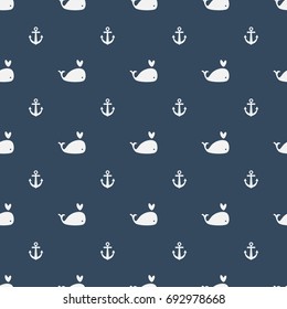 Whales Seamless pattern on blue background vector illustration with Anchors. Sea pattern, 