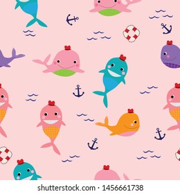 whales seamless pattern on pink background.