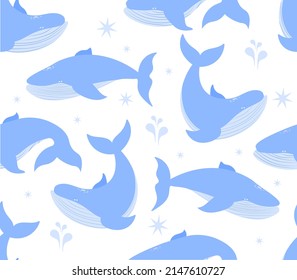 Whales seamless pattern. Repeating image for printing on bed linen. Marine animals, fauna, underwater world, wildlife. Image for printing on childrens t shirt. Cartoon flat vector illustration