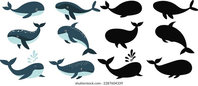 whales set on white background, vector