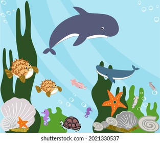 Whales, shells, seahorses, sea fish and other animals, under the sea vector illustration.