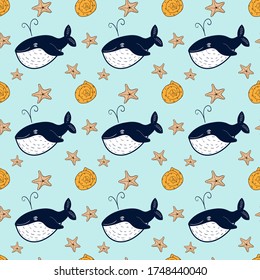 Whales and shells vector seamless pattern. Hand drawn cartoon style illustration for textile, cover, wallpaper and wrapper design.