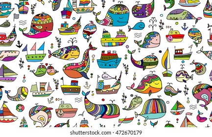 Whales and ships, seamless pattern for your design