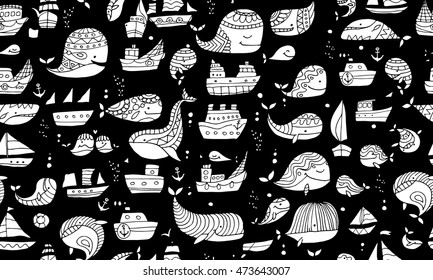Whales and ships, seamless pattern for your design