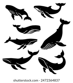 Whales Silhouette: Marine Mammals, Ocean Giants, Flat Vector Illustration