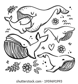 WHALES IN SKETCH STYLE Mother Hugs Daughter Parental Relationship Cute Animals Mother Day Monochrome Hand Drawn Clip Art Vector Illustration Set For Print