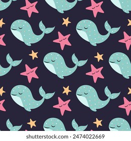 whales and stars, seamless pattern with blue whales and pink stars, vector pattern on black background, design for nursery, textile and wrapping paper