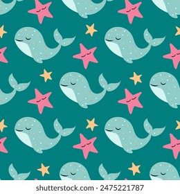 whales and stars, seamless pattern with blue whales and pink stars, print for nursery, textile and wrapping paper