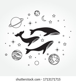 Whales surrounded by planets, vector