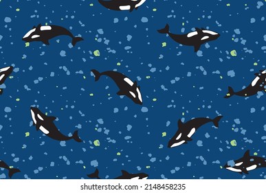 Whales swim. Seamless pattern. Symbol of dream, imagination. Vector illustration. 
