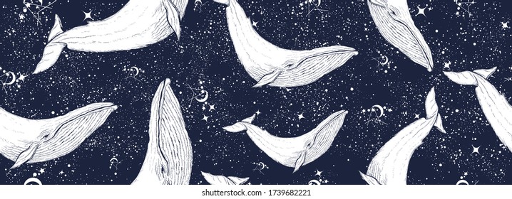 Whales swim through the night sky. Seamless pattern. Surreal black white graphics. Symbol of dream, psychology, imagination 