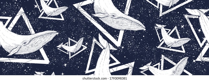 Whales swim through the night sky. Seamless pattern. Underwater life art. Surreal black white graphics. Symbol of dream, psychology, imagination, universe 