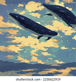 Whales Swimming in the Air Illustration vector Cartoon drawing