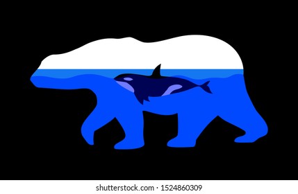 Whales swimming in a blue ocean shaped like a polar bear.  In the concept of global warming