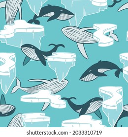 Whales swimming in cold ocean water. Fabric seamless pattern print winter background design. Vector illustration. Surface pattern design. Great for card design, kids, clothing and home decor projects