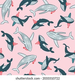 Ballenas nadando con sombreros de invierno en aguas oceánicas de fondo rosa. Diseño de fondo de invierno con diseño de impresión de patrones sin fisuras. Ilustración vectorial. Diseño de patrones de superficie. Ideal para el diseño de tarjetas, niños