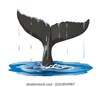 Whale's Tail on the Ocean, Swimming Whale, vector illustration isolated on white background, eps