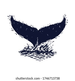 Whale's tale is sticking out of the water. Water drops. Vector illustration.