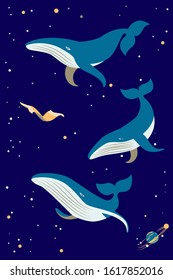 Whales and towel in space among the stars. Caption "So Long, and Thanks for all the Fish". Concept book by Douglas Adams The Hitchhiker's Guide to the Galaxy