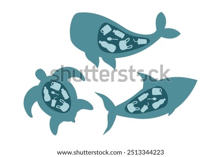 Whales, turtles, and sharks consuming plastic waste. Represents marine pollution, plastic contamination, and ocean wildlife endangerment. Symbolizes the environmental crisis. Vector illustration set.
