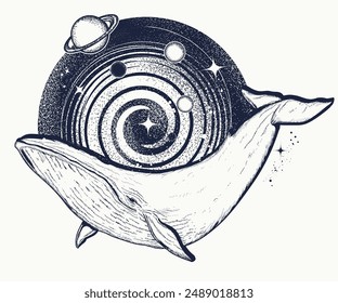 Whales and the universe. Symbol of dreams, science, fantasy, relaxation and sea adventure. Underwater animals t-shirt design concept