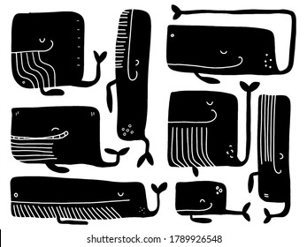 Whales vector black set. Adorable cartoon doodle hand-drawn character. Isolated sea black and white animal on white background. Collection of mammals symbol decorations.