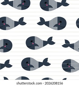 Whales in waves. Cute childish modern illustration seamless pattern. 