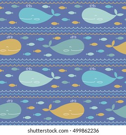 Whales, waves and ocean fishes school vector pattern. Seamless marine children background.