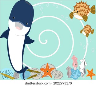 whales,dolphin  sea animals, Cute sea creatures, vector illustration, drawing, painting