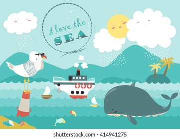 Whale,steamship and seagull in blue sea 