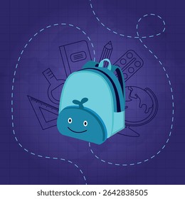 Whale-Themed School Backpack for Kids on Graph Paper Background – with School Supplies – Back to School Illustration