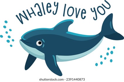 Whaley love you text cute kid whale design cartoon style isolated on white background