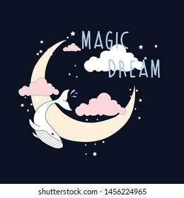 whaling cloud star moon text line sky sea magic dream girl tee illustration art vector