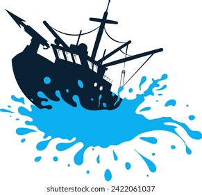 Un barco ballenero navega sobre una ola azul