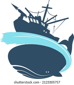 Whaling ship whale symbol. Blue whale hunting